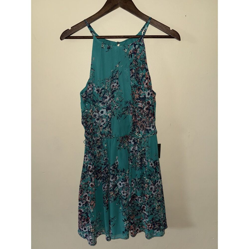 IZ Byer Dress Womens Large Teal Blue Floral Halter Neck Mini Chiffon Casual NWT